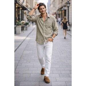 Coofandy Men's XL Button Down Shirt Olive Khaki Cotton Blend Casual NWT